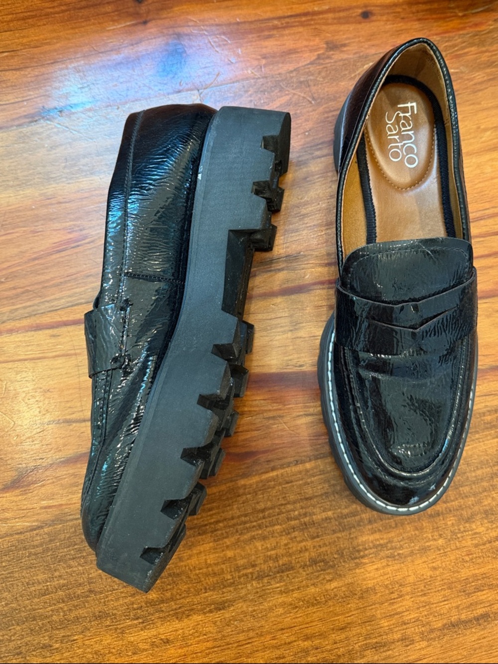 Franco Sarto Black Patent Lug Sole Penny Loafers